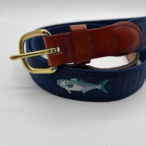Leather Man Ltd. Canvas Belt Mens 42 Navy Bluefish Embroidery Brass Buckle